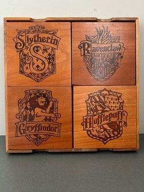 Wooden Harry Potter Inspired Coaster Set - Hogwarts House Crests